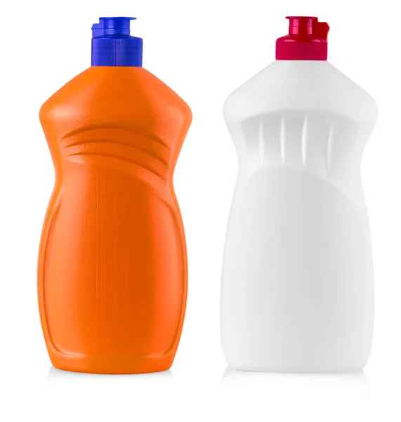 Botellas de plástico con detergente líquido para ropa, agente limpiador , —  Fotos de Stock