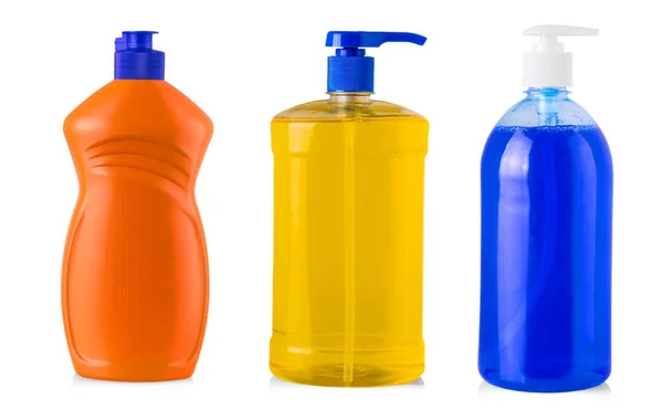 Színes műanyag palack, folyékony mosószer, takarítás — Stock Fotó