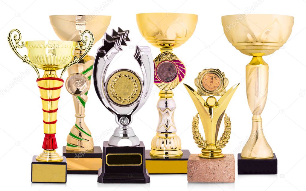 golden trophy isolated on white background.