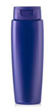 Mavi şampuan şişesi. Beyaz izole.