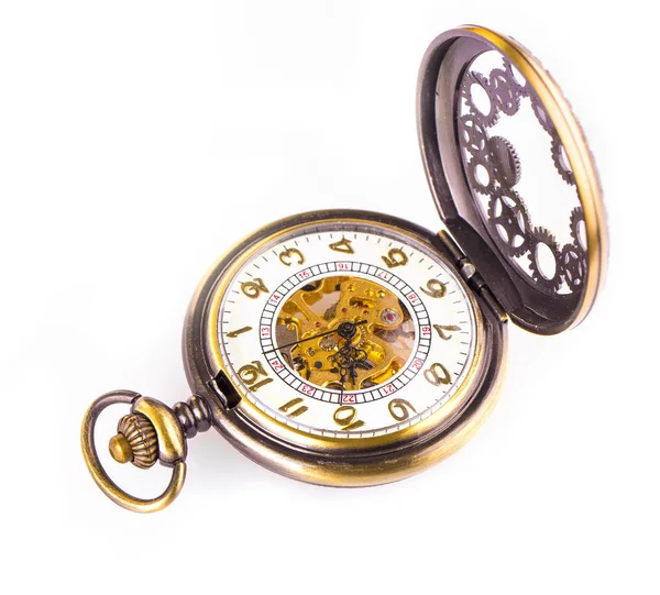 Vecchio orologio vintage aperto su sfondo bianco . — Foto Stock