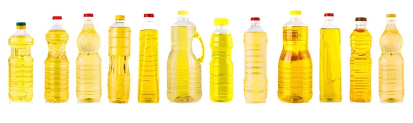 Set di bottiglie di olio di girasole isolate su sfondo bianco. — Foto Stock