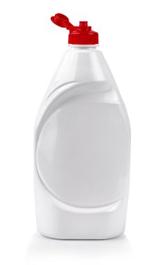 Kırmızı kapaklı sıvı deterjan için beyaz plastik şişe.