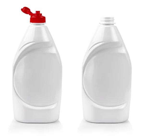 Witte plastic fles voor vloeibaar wasmiddel met rood deksel — Stockfoto