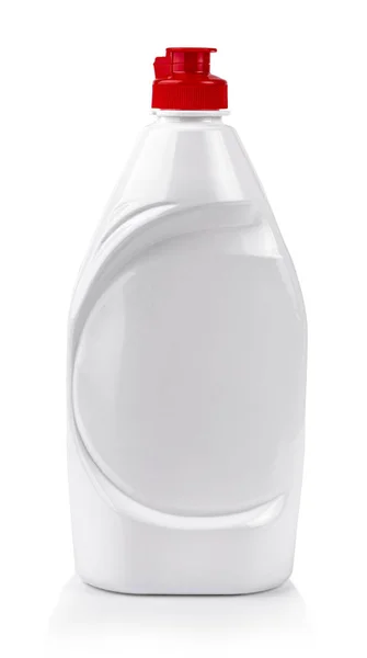 Bílá plastová lahvička na tekutý prací prostředek s červeným víčkem — Stock fotografie