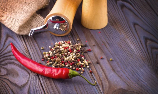 Black pepper corns, red hot chili pepper and Black pepper Powder