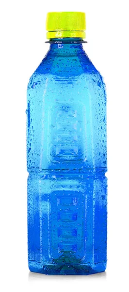 Die Blaue Plastikflasche Mit Gelbem Deckel Isoliert Auf Weißem Hintergrund — Stockfoto
