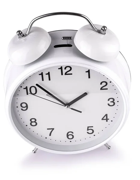 Relógio Alarme Branco Isolado Fundo Branco — Fotografia de Stock