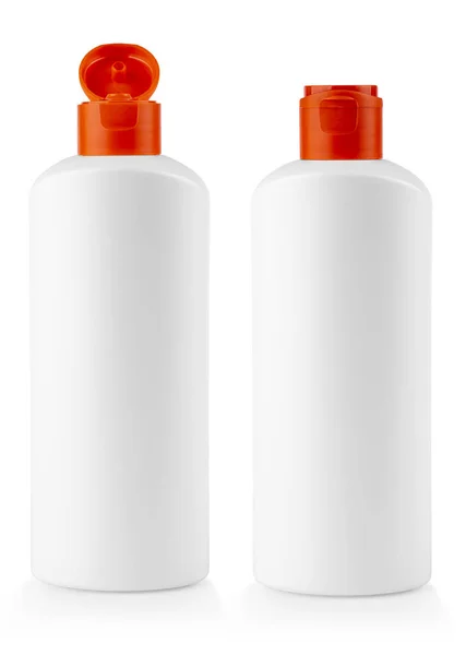 Botella Plástico Blanco Con Cubierta Roja Con Champú Sobre Fondo —  Fotos de Stock