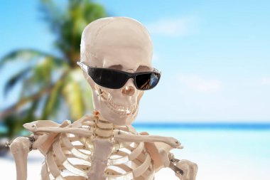Tropik bir sahilde gözlüklü insan iskeleti. 