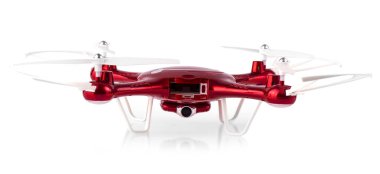 Kırmızı İHA beyaz arka planda izole bir şekilde uçuyor. Sinek İHA 'sına kapan