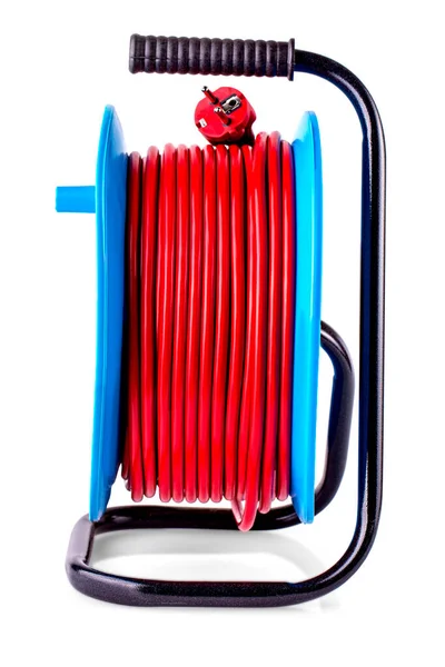 Den Elektriska Förlängningsrullen Röda Gummihandskar Isolerad Vit Bakgrund — Stockfoto