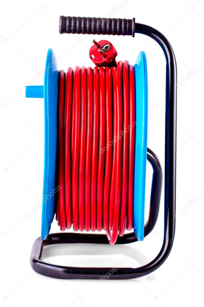The Electric extension reel, red Rubber gloves Isolated on white background.