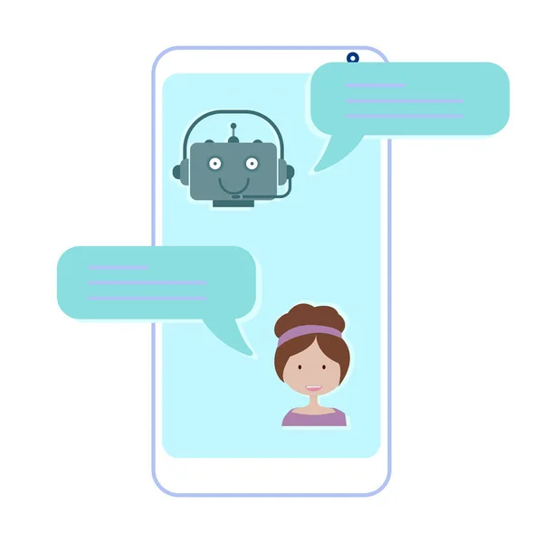 Menina conversando com bot de bate-papo no smartphone . —  Vetores de Stock