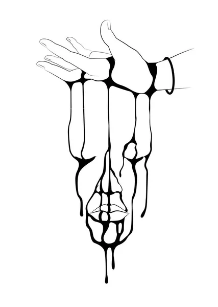 Line art illustration of Hand upside down with bleeding down. Face shape. tattoo style. vector illustration. tatoo design. anatomy tattoo. anatomy graphic. — Stock Vector