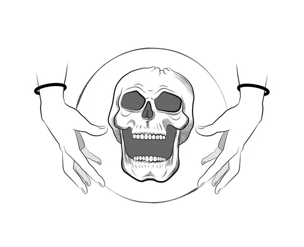 Skull and hand isolated on white background. Vector image. line art style. tattoo graphic. circle of life sign tattoo. hand silhouette control skull. — Stock Vector