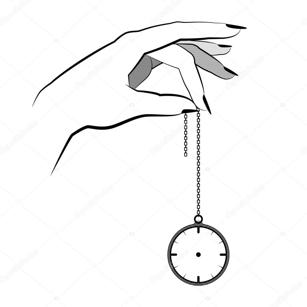 Hypnosis concept. hand hold on a chain pocket watch. mind control. vector illustration flat design. isolated on background. drawing hand from realistic. wish a peaceful. tattoo design. tattoo symbol.