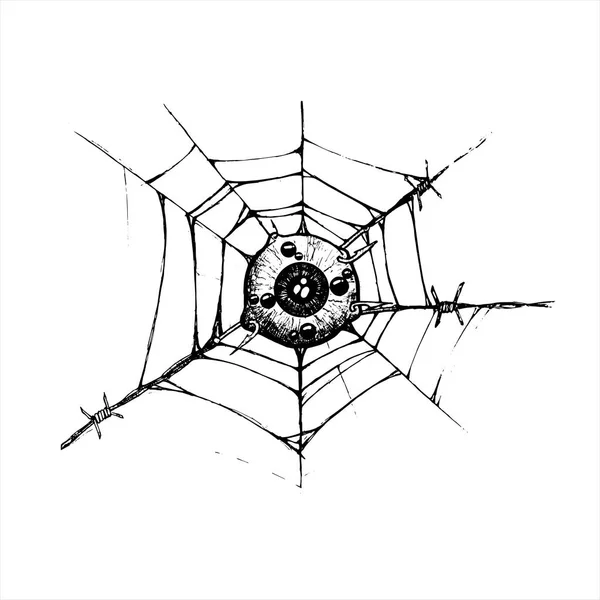 眼球附着在蜘蛛网和刺钩上。插图向量。手绘。黑白纹身风格。痛苦折磨和心灵扭曲的象征。蜘蛛眼。人眼. — 图库矢量图片