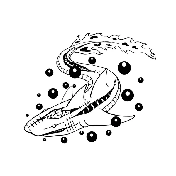 Tiburón mutar a zombi. dibujo de línea de arte. ilustración vectorial. diseño del tatuaje. mutación animal aterradora . — Vector de stock
