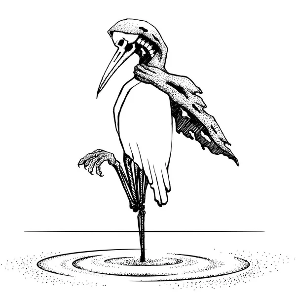 Aigrette oiseau autonome sur l'eau. vecteur d'illustration. dessin de main. L'aigrette est morte en attendant. Ça fait longtemps. ligne art tatouage design. Oiseau crâne osseux. Chasseur effrayant. animal assassin . — Image vectorielle