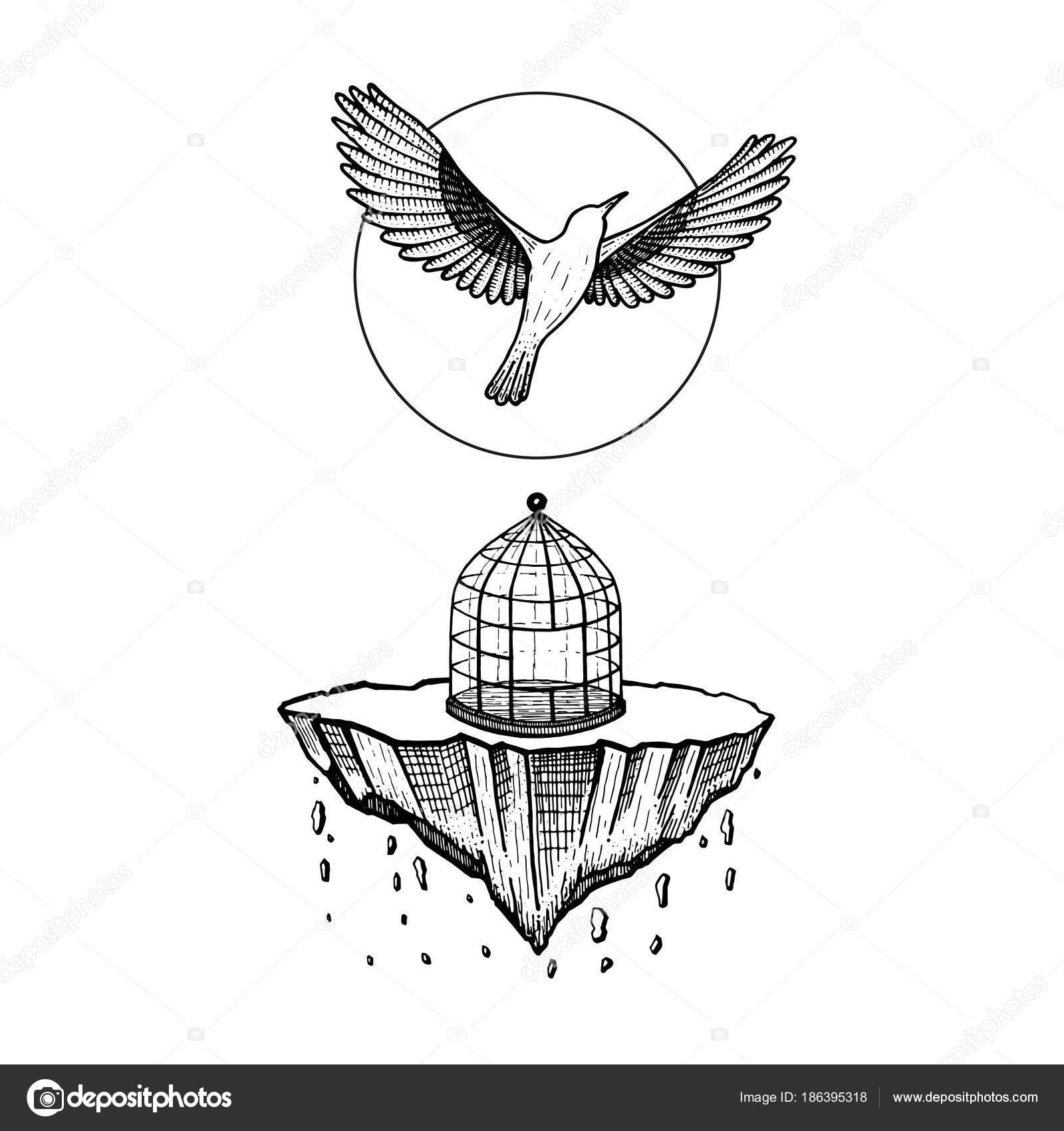 Oiseau De Cage Le Monde Seffondre Pierre Tombe Oiseau