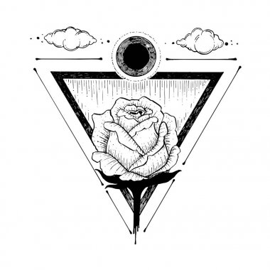 bir güzel gül çiçek ve beyaz bir arka plan üzerinde üçgen kroki. resimde el çizimi Hat sanatı. aşk sembolü. dövme tasarım.