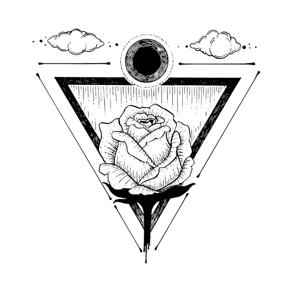 Schizzo di un bel fiore rosa e triangolo su sfondo bianco. illustrazione mano disegno linea art. simbolo dell'amore. disegno del tatuaggio . — Vettoriale Stock