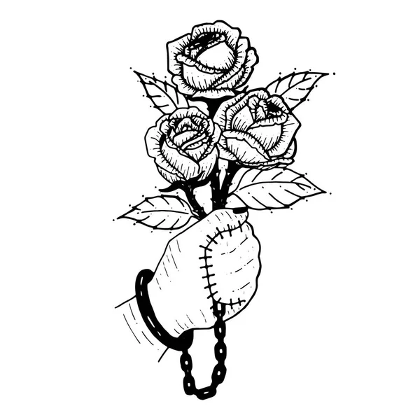 Hand med rose. bukett av rosor. Hand är förseglade med ros. symbol för kärlek är smärta för någon. mörka sidan av kärlek. raden art vektor illustration hand ritning. — Stock vektor