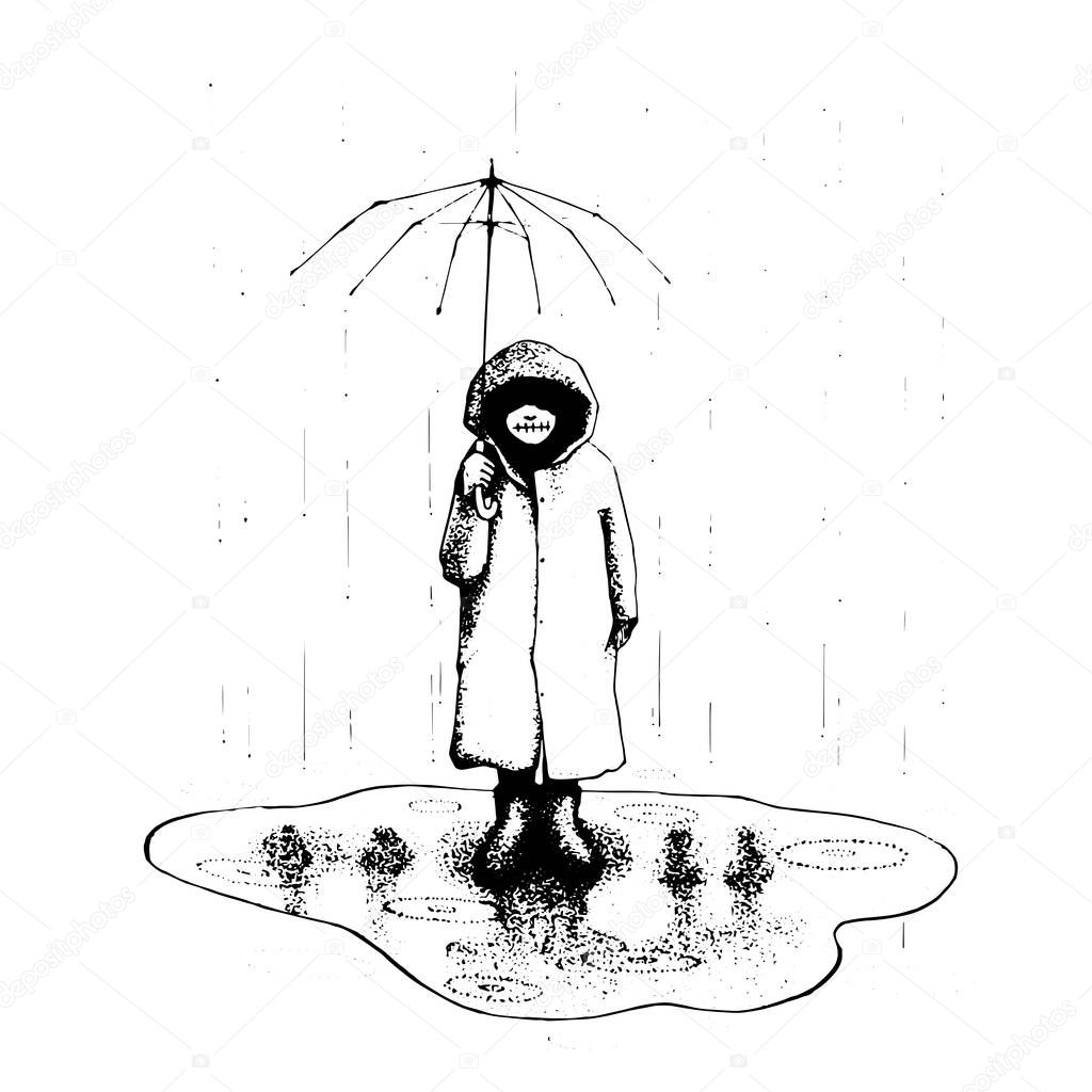 girl stand alone in the rain with umbrella. vector illustration hand drawing. line art and symbolic. family mistake. tattoo design. ink work.