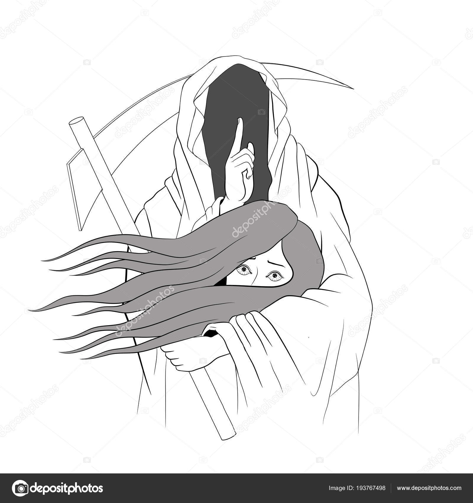 Grim Reaper, Human Skull Wearing A Hood, Isolated On color Background,  Grunge Texture, Vector illustration. woman hold with the ghost. to die.  tattoo design. hand drawing and digital. line art design. Stock, image size:1600x1700