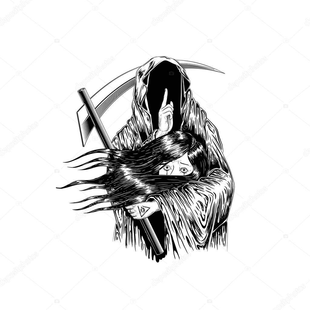 Grim Reaper, Human Skull Wearing A Hood, Isolated On color Background, Vector illustration. woman hold with the ghost. to die. tattoo design. hand drawing and digital. line art design.