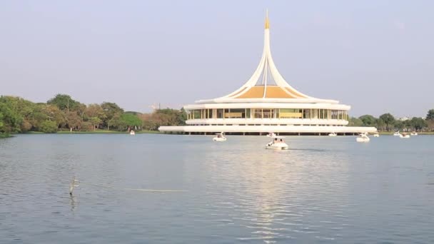 泰国曼谷苏安隆9号公共湖公园内的鸭船 白鹅船 白鹅船在公园内的休息时间 景观湖和白色垫板踏板 — 图库视频影像