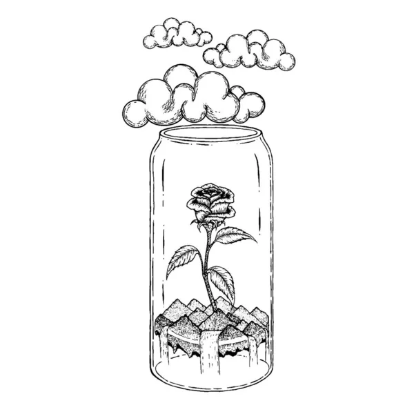 Rosa en un frasco de vidrio con cascada de nubes y montañas. ilustra — Vector de stock