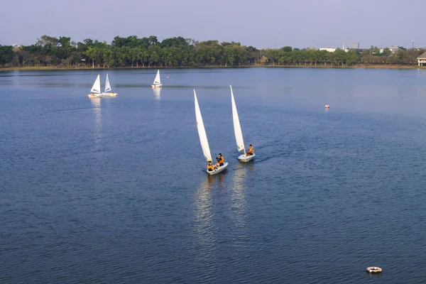 Aerial View White Sailboats Leaving Wake Lake — Stock Photo, Image