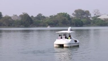 Kamu Gölü Parkı 'ndaki Ördek Teknesi Pedalo veya Kaz Teknesi ve Kamu Parkı manzarasındaki Beyaz Yüzgeç Tekneleri Pedalı.