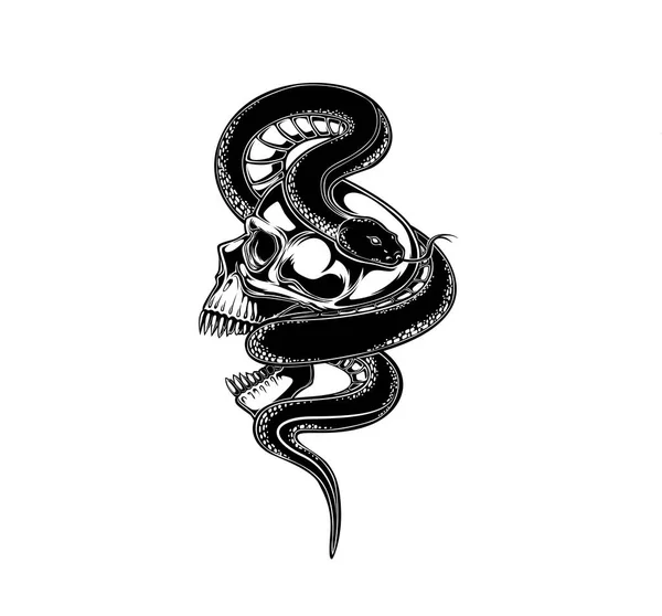 Ilustración Cráneo Vector Serpiente Diseño Del Tatuaje Trabajo Negro Entintado — Vector de stock