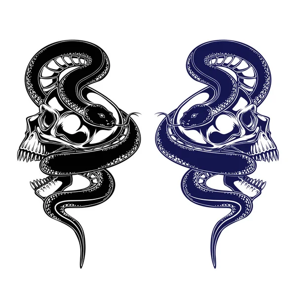 Ilustración Cráneo Vector Serpiente Diseño Del Tatuaje Trabajo Negro Entintado — Vector de stock