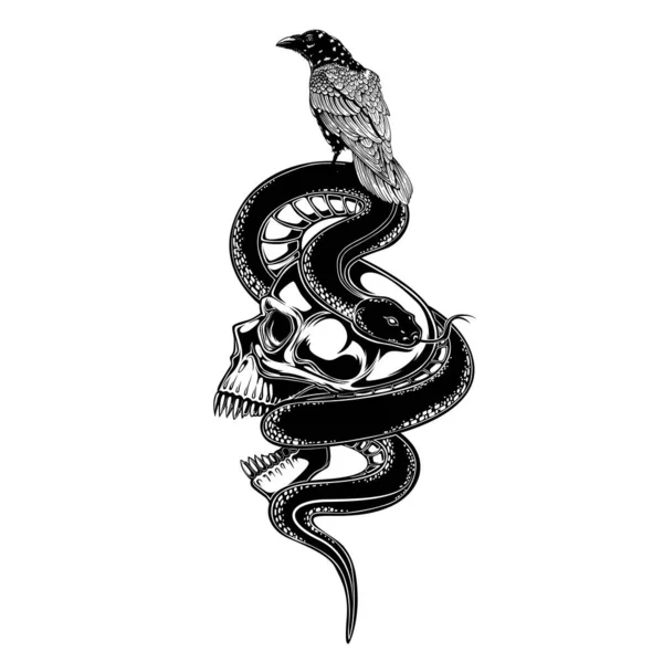 Κρανίο Κοράκι Κοράκι Και Φίδι Διανυσματική Απεικόνιση Σχέδιο Τατουάζ Μελάνι — Διανυσματικό Αρχείο