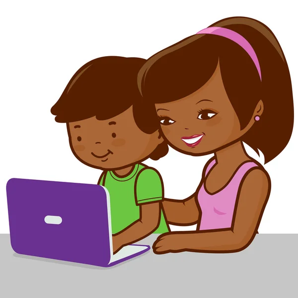แม่และลูกชายบนคอมพิวเตอร์ — ภาพเวกเตอร์สต็อก