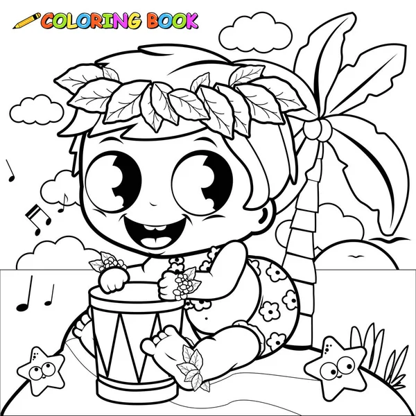 Hawaiian baby boy on an island playing music with a drum. Coloring book page — Stock Vector