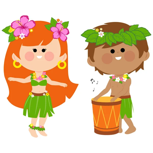 Hawaiian children playing music with a drum and hula dancing — Stock Vector
