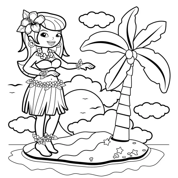 Bailarina hawaiana de hula en una isla. Libro para colorear página — Vector de stock