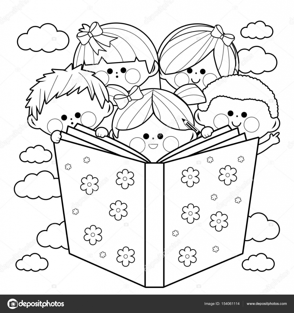 Children reading to her a big book Black and white coloring page illustration — Vector by stockakia