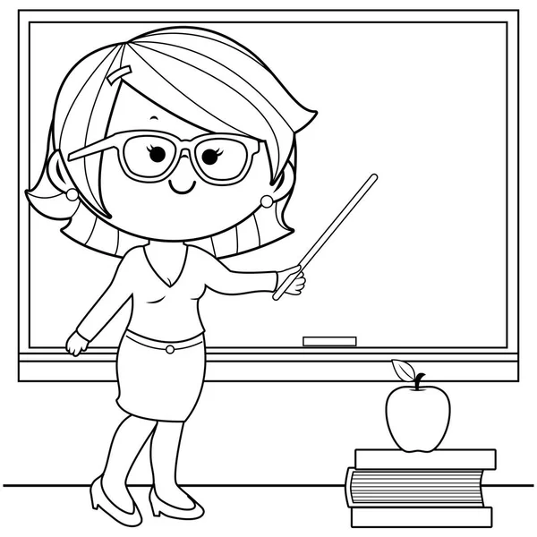 Profesora enseñando en clase. Libro para colorear en blanco y negro . — Vector de stock