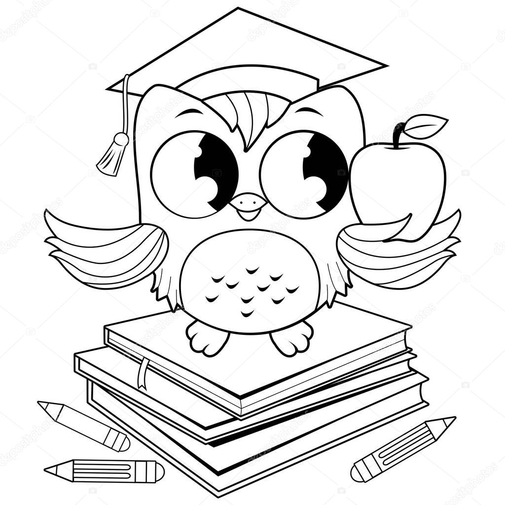 Owl on books with graduation hat. Black and white coloring book page.