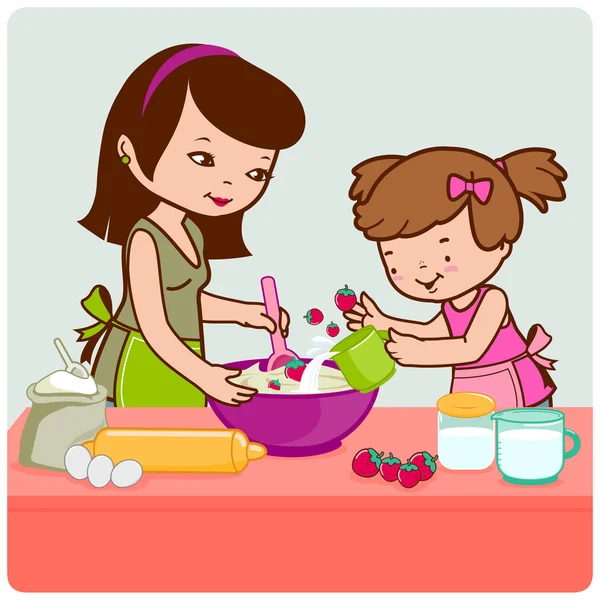 Moeder en dochter koken in de keuken — Stockvector