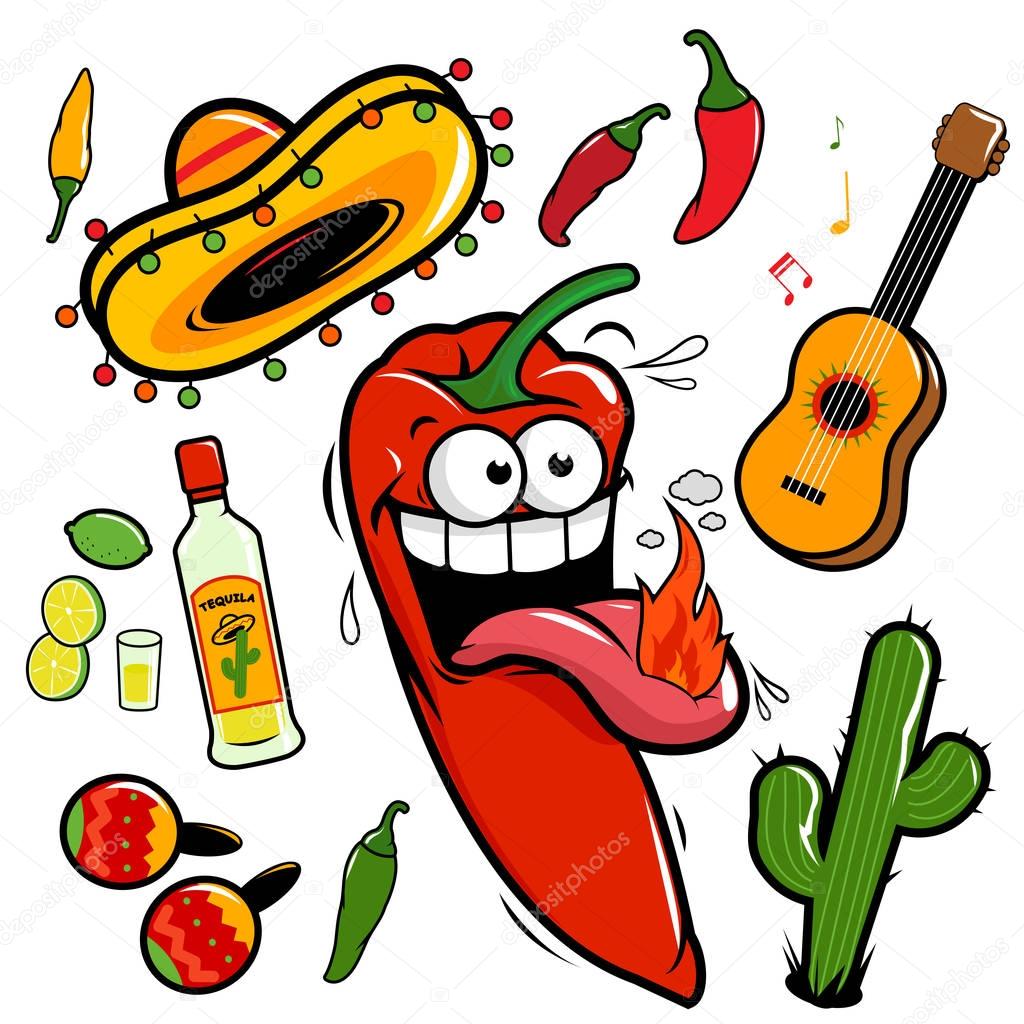Mariachi chili pepper Mexican icon collection