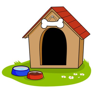 Köpek kulübesi ve evde beslenen hayvan yiyecek ve su tabak. Vektör çizim