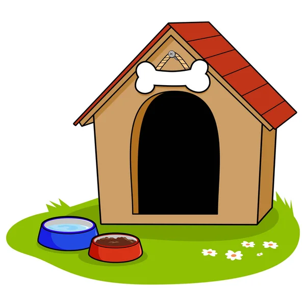 Doghouse y tazones de agua y comida para mascotas. Ilustración vectorial — Vector de stock