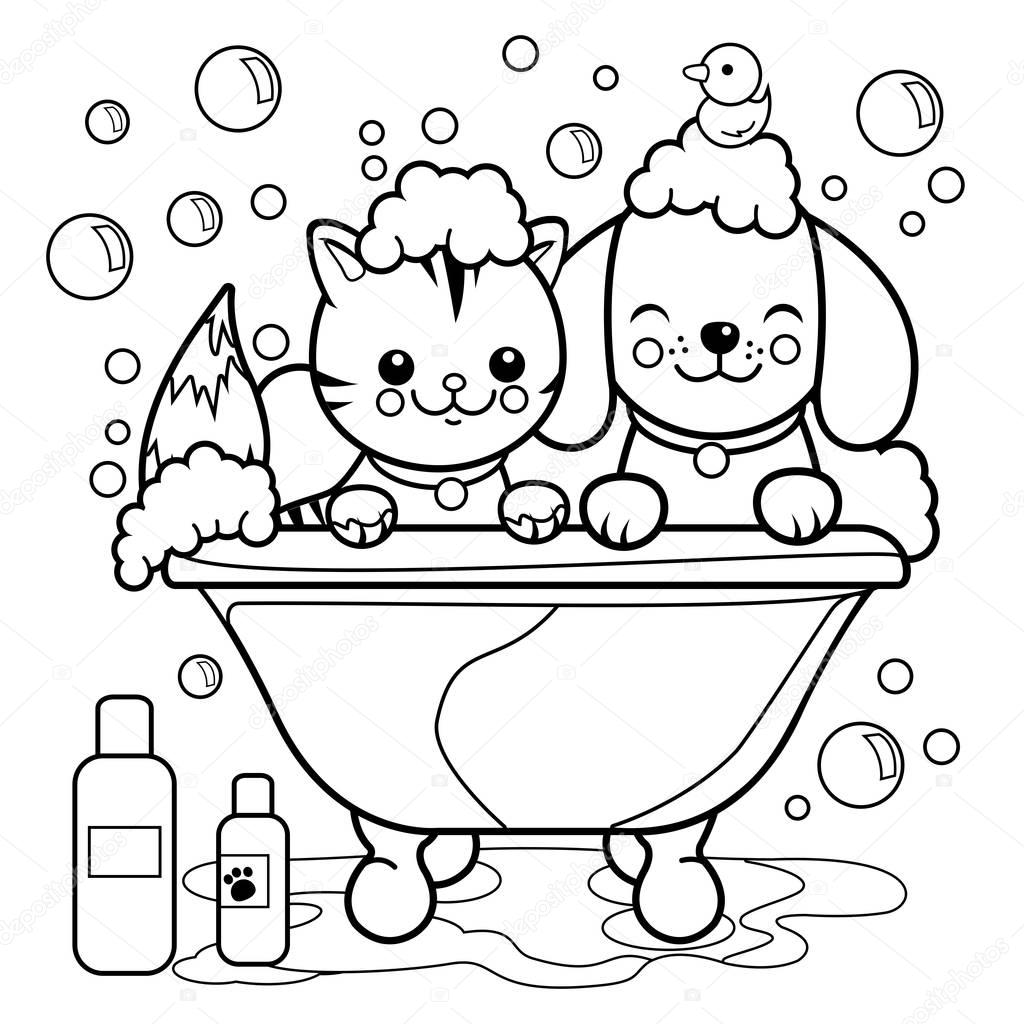 Dog and cat taking a bath. Coloring book page.